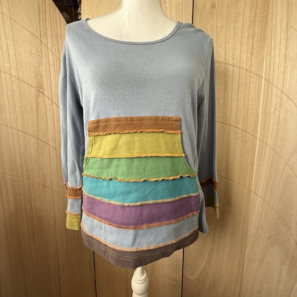 Y2K Orvis Earthy Rainbow Stripe Pocket Top S Granola Girl Boho Raw Edge